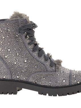 Jessica Simpson Gray Crystal Embellished Lace-Up Combat Boots